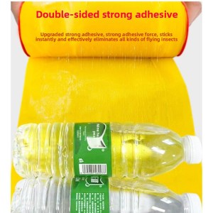 Product close-up of a bright yellow double-sided strong adhesive tape roll with red text that reads 'Double-sided strong adhesive'; a water bottle sits in front, illustrating the tape's use in packaging or sealing.