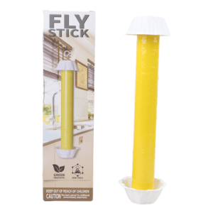 Yellow fly stick trap with white end caps, shown next to its packaging labeled FLY STICK.