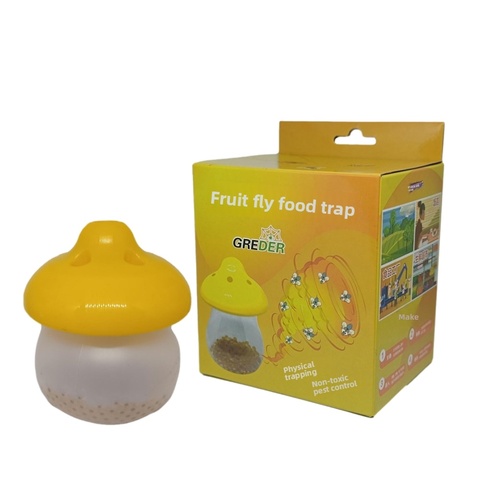 Fruit Fly Small Black Insect Trap Bait for Kitchens Restaurants Tea Shops; Mosquito Insect Control Model JSGY-001 Fujian 1 Yellow mushroom‑shaped fruit fly trap next to its box labeled 'Fruit fly food trap'.