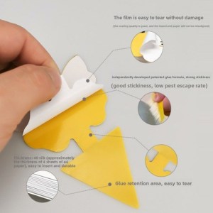 Hand peeling a yellow and white star-shaped sticker; infographic highlights tear-free film, strong glue, low pest escape, and 40 mil thickness.