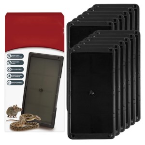 Product packaging for a rodent control kit, showing a red-topped pack with a handheld device and a stack of black disposable trays, plus images of a mouse and a snake to indicate pests.