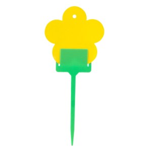 Yellow flower-shaped garden plant label with a green stake
