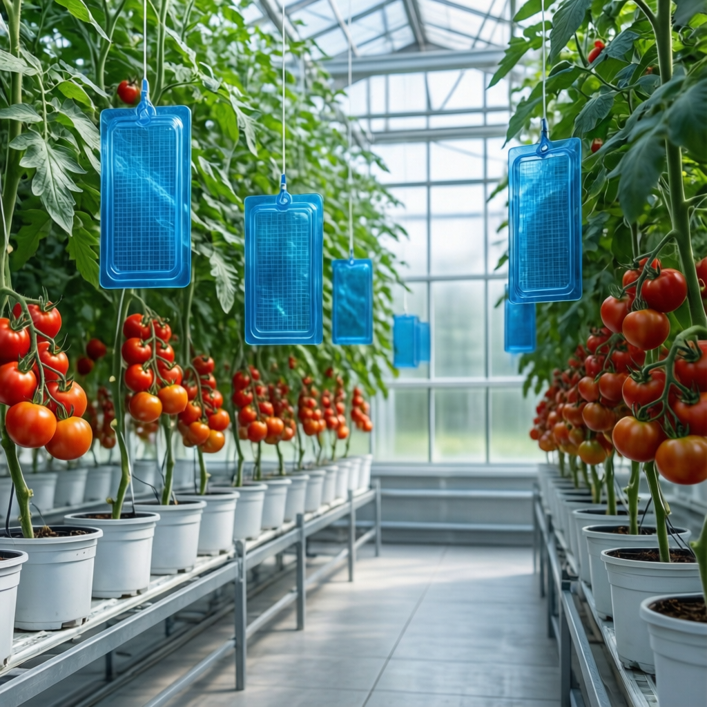Blue Sticky Traps for Thrips: The Professional Sourcing Guide 2026 2 AI-generated blue sticky traps in greenhouse with tomato plants