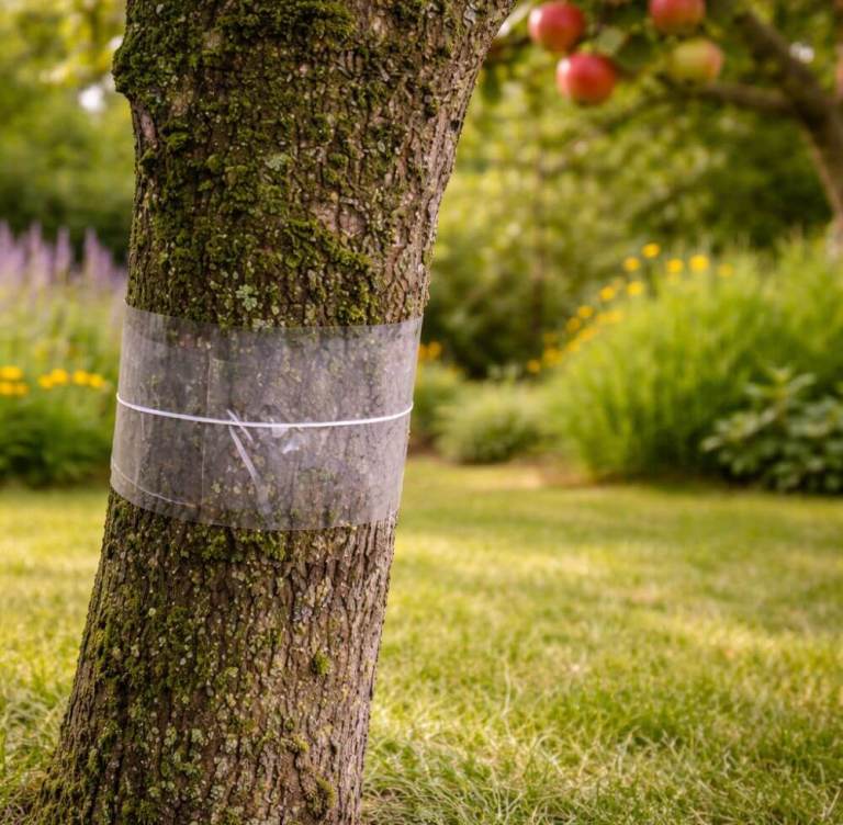 Tree banding tape applied around apple tree trunk in an organic orchard