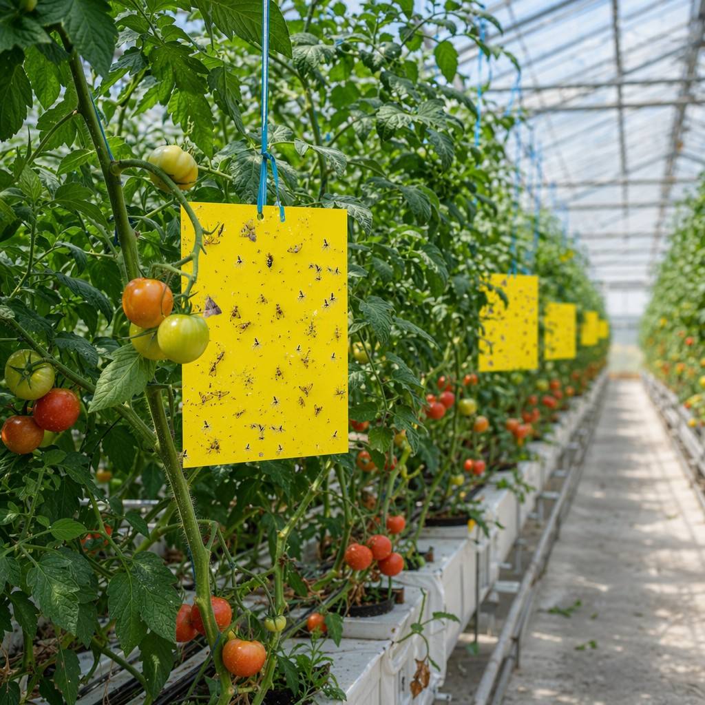 Yellow sticky monitoring cards hanging in a tomato greenhouse for pest scouting